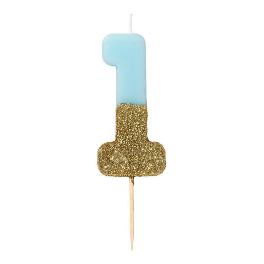 Blue Glitter Number 1 Candle - Birthday Cake Topper | EnFete Party