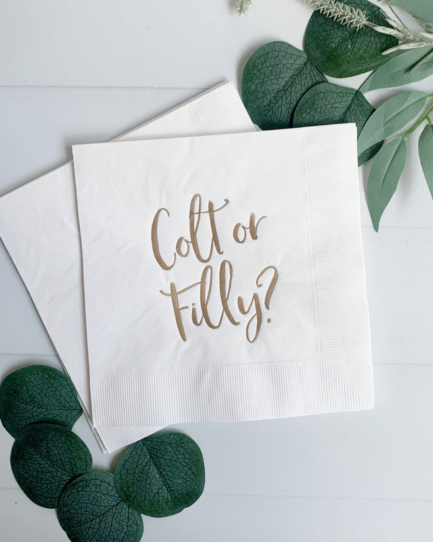 Gender Reveal Napkins Colt or Filly - White Gold Foil Western Horse Theme Baby Shower | EnFete Party