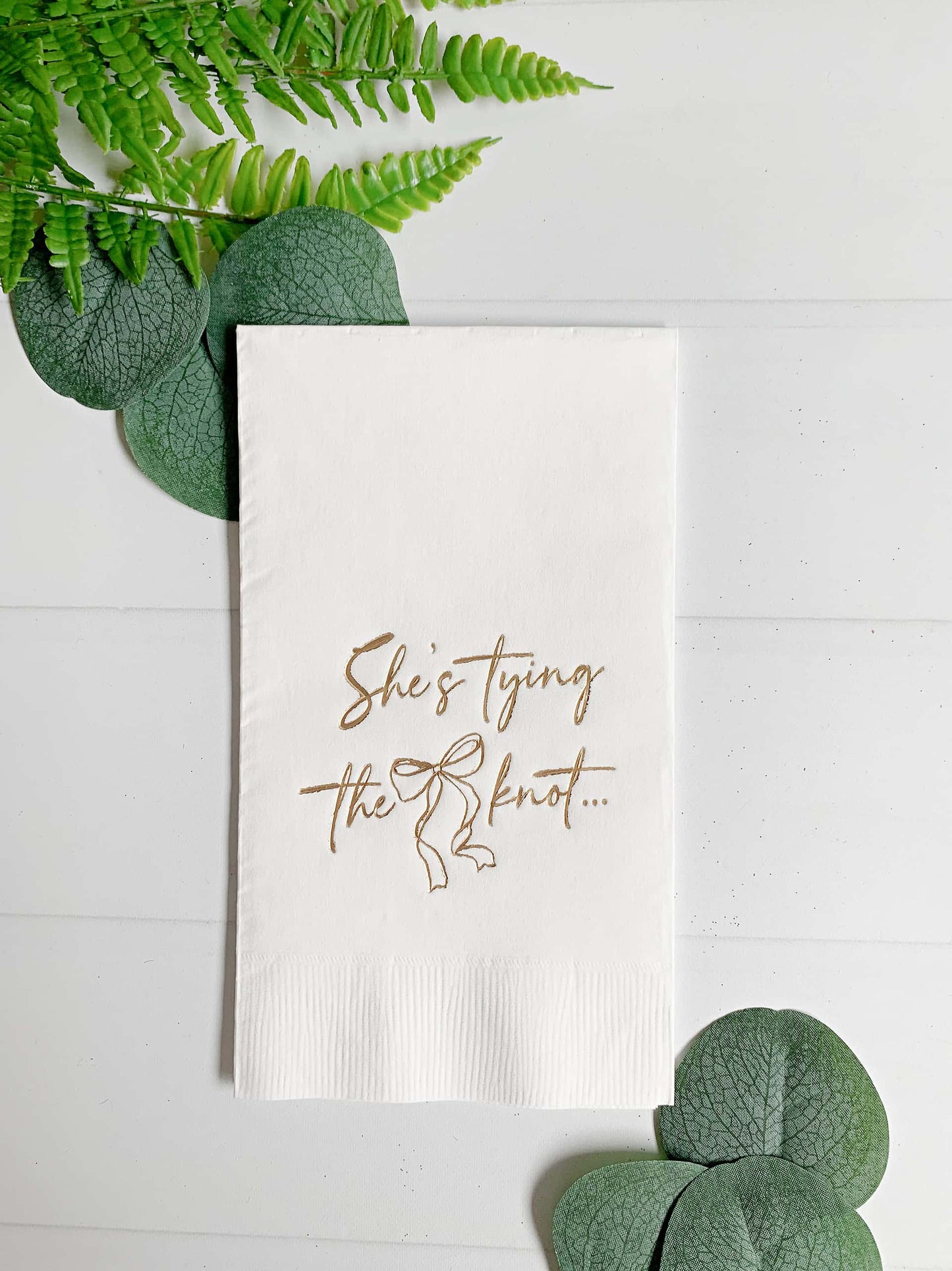 She's Tying the Knot Dinner Napkin - Gold on White