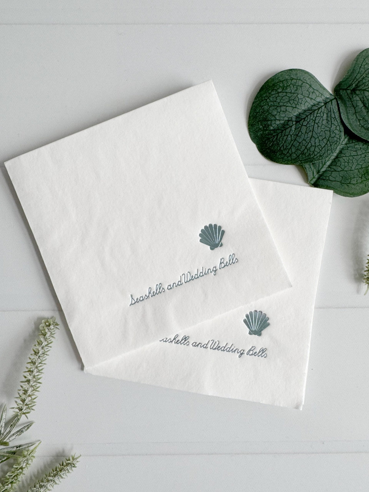 Seashells & Wedding Bells Cocktail Napkins – Ice Blue Luxury Coastal Bridal Shower Napkins | EnFete Party