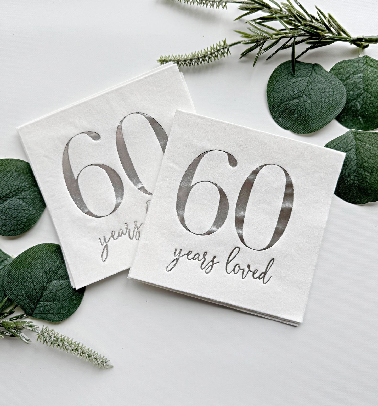 60 Years Loved Cocktail Napkins - Silver Foil on White | 60th Birthday Party | EnFete Party