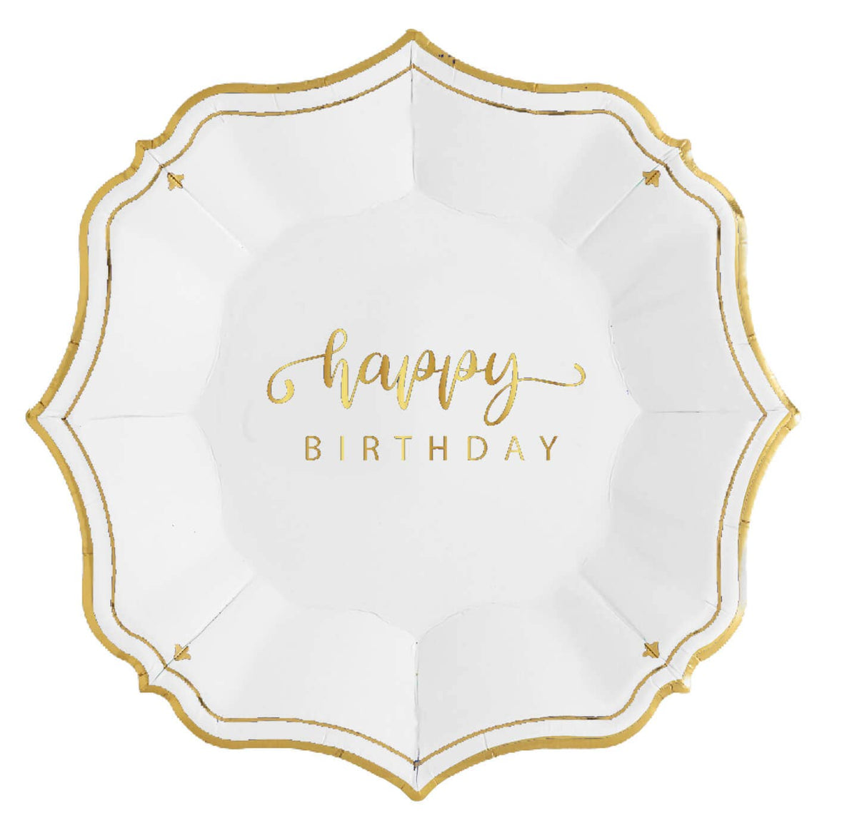 Happy Birthday Cake Plates | White & Gold Scalloped Dessert Plates | EnFete Party