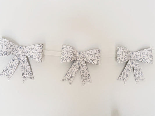 French Blue Floral Bow Garland - 7ft Paper Banner for Baby Showers & Tea Parties | EnFete Party