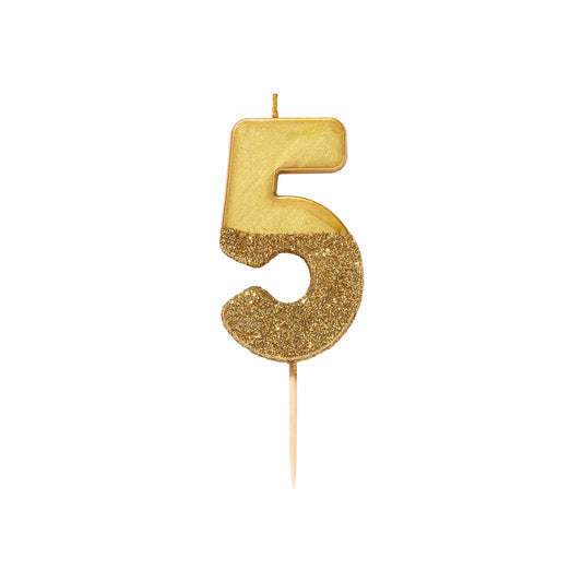 Gold Glitter Number 5 Birthday Candle - 5th Birthday Cake Topper | EnFete Party