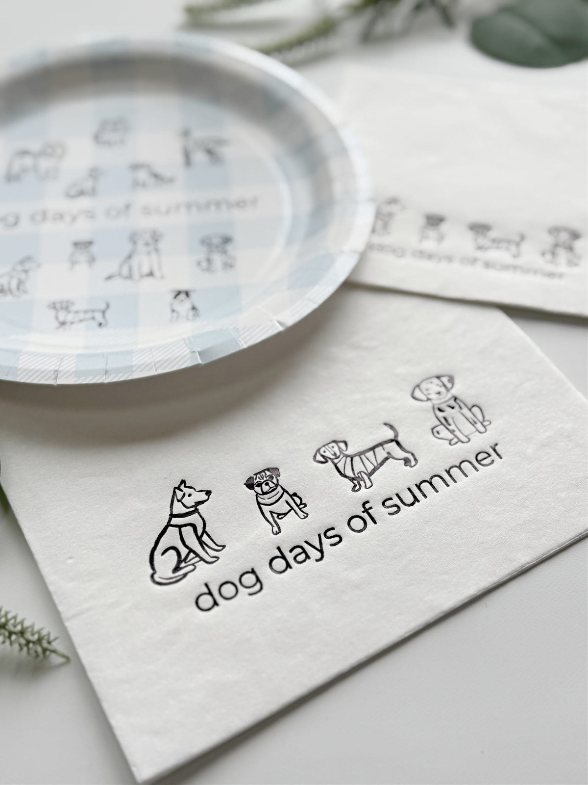 Dog Days of Summer Cake Plates - Blue Gingham Puppy Party Plates, Set of 8 | EnFete Party