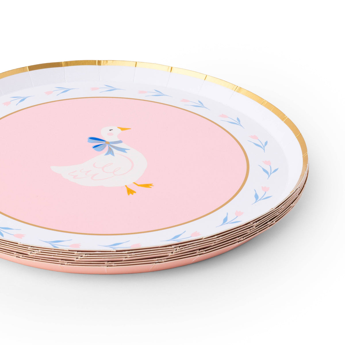 Set of decorative party plates with a goose design on a white and pink background