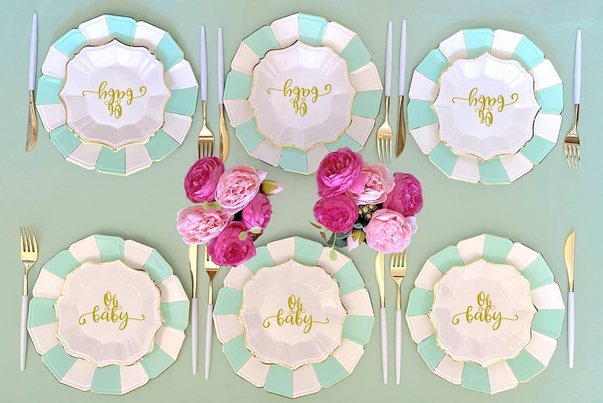 Oh Baby Cake Plates | White & Gold Foil Baby Shower Dessert Plates | EnFete Party