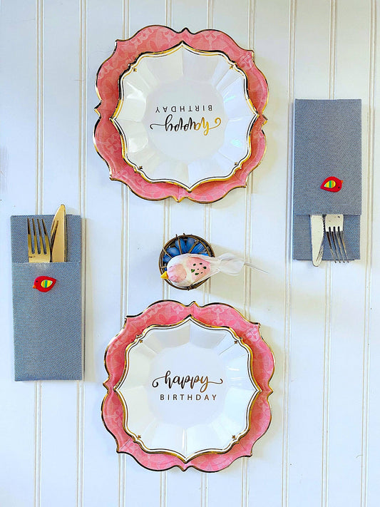 Happy Birthday Cake Plates | White & Gold Scalloped Dessert Plates | EnFete Party