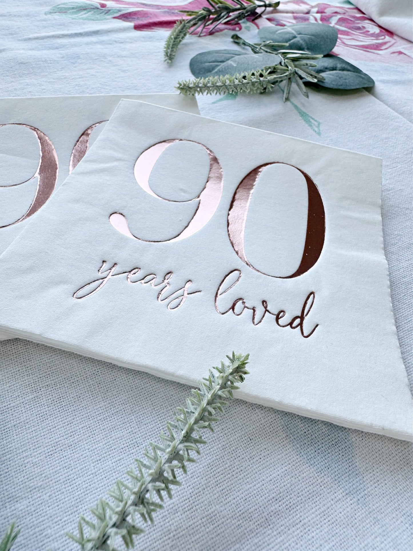 90 Years Loved Cocktail Napkins - Rose Gold Foil - 90th Birthday Napkins