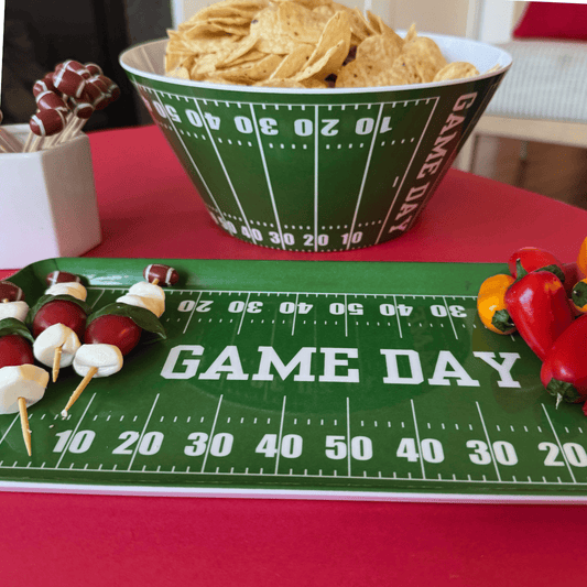 Green Football Game Day Melamine Serving Tray — Appetizer & Tailgate Platter | EnFete Party