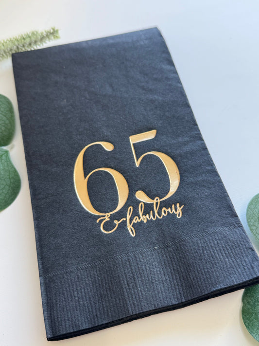 65th Birthday Napkins - 65 & Fabulous Gold Foil on Black - Set of 16 Dinner Napkins | EnFete Party