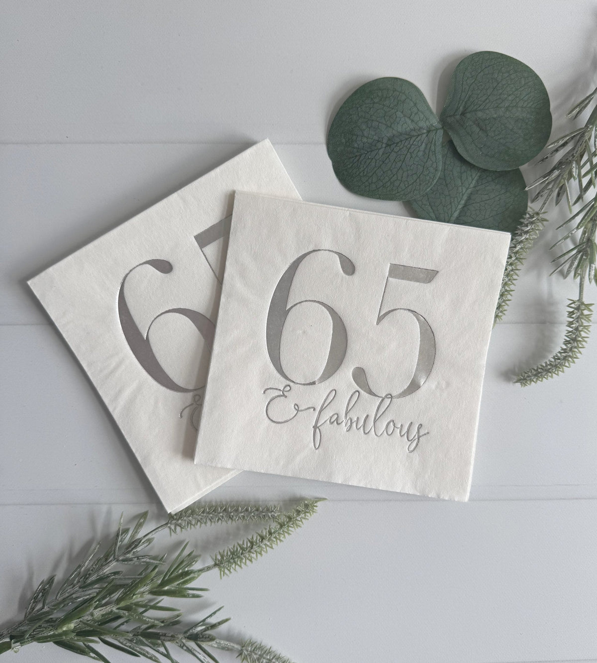65 & Fabulous Silver Cocktail Napkins - Set of 16 65th Birthday Napkins | Beverage Sized | 3 Ply | EnFete Party