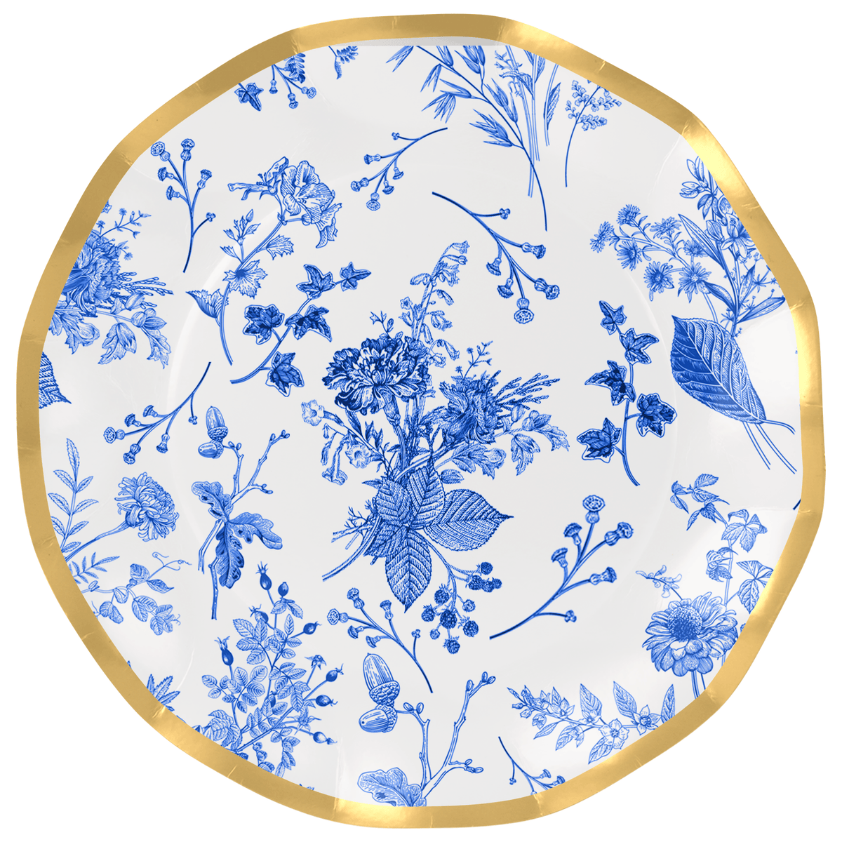 Blue Toile Paper Plates with Gold Foil - 10.5" Wavy Edge Dinner Plates (8 Pack) | EnFete Party