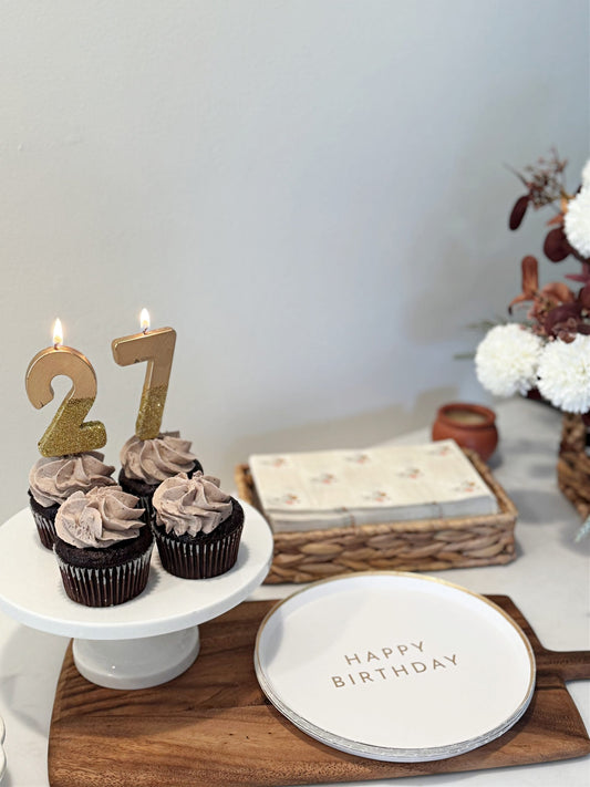 Happy Birthday Cake Plates - White & Gold | EnFete Party