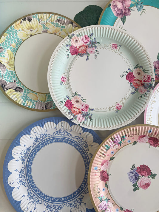 Assorted Tea Party Round Vintage 9" Paper Dinner Plates | EnFete Party