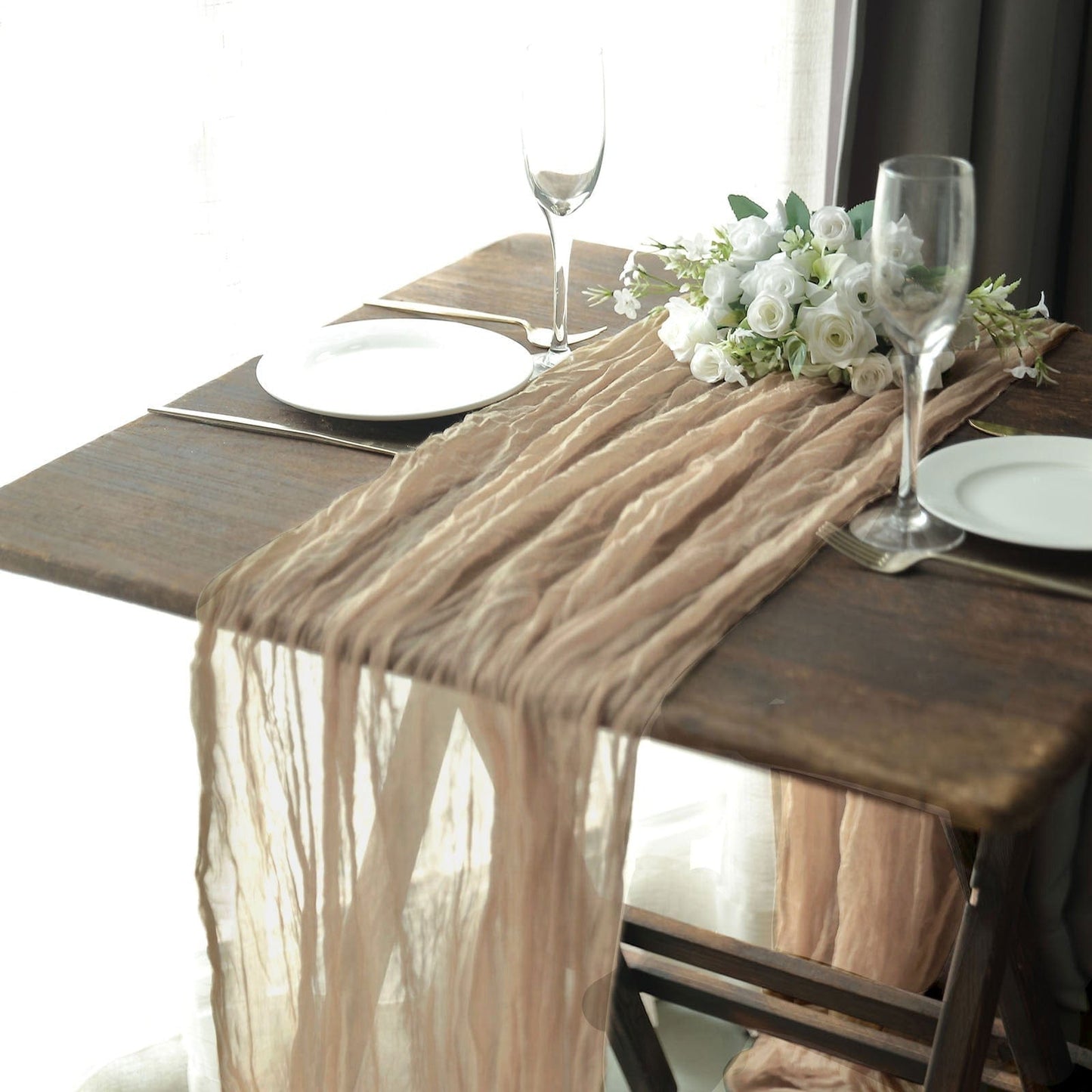 Nude Beige Cheesecloth Table Runner - Rustic Wedding & Spring Party Decor (10 ft x 32") | EnFete Party