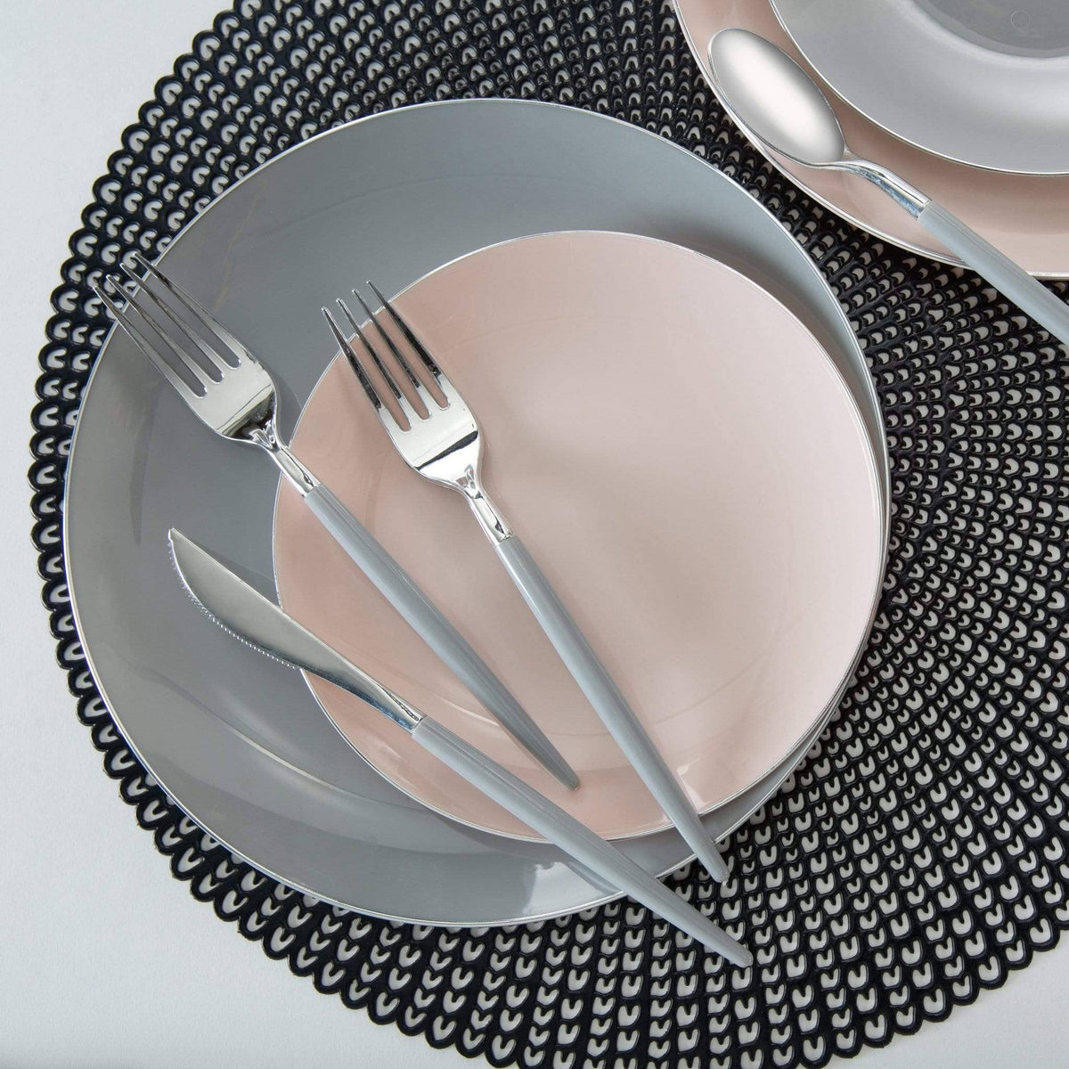 Round Grey with Silver Edge Dessert Plates | EnFete Party