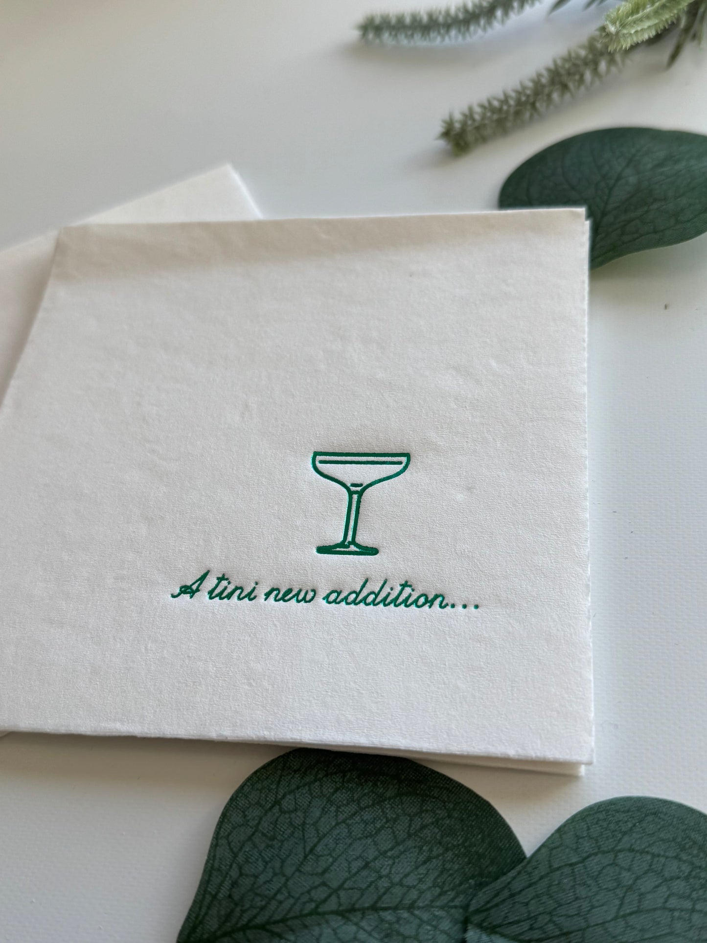 A Tini New Addition Cocktail Napkins - Green Foil on White - Baby Shower Napkins | EnFete Party