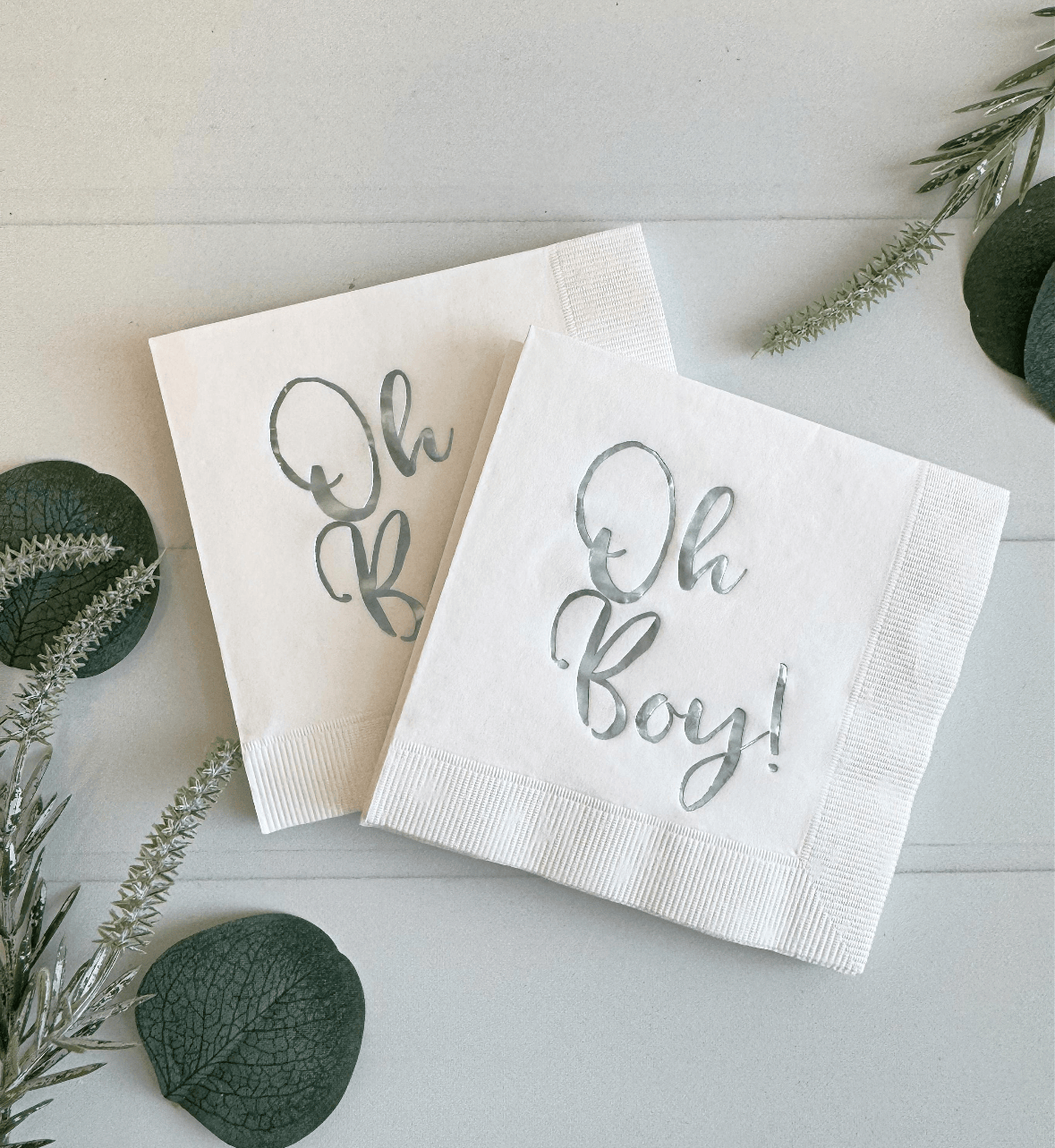 Oh Boy Baby Shower Napkins - Light Blue Foil on White Cocktail Napkins - Slightly Imperfect Printing | EnFete Party
