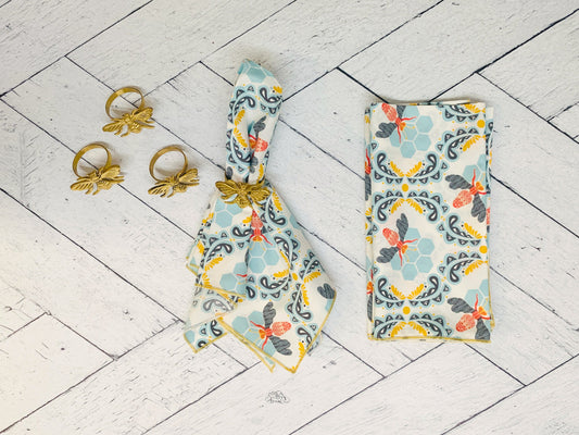 Honey Bee Cloth Napkins Set of 4 - Bee Themed Reusable Napkins 100% Cotton