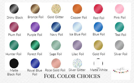 Color chart of foil options with labels on a white background for EnFete Personalized Napkins