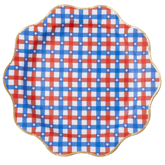 Scalloped edge paper plate with red, white, and blue checkered pattern