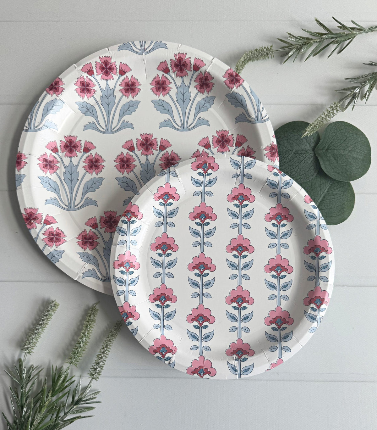 Pink and Blue Floral Block Print on White Dinner Plates | EnFete Party
