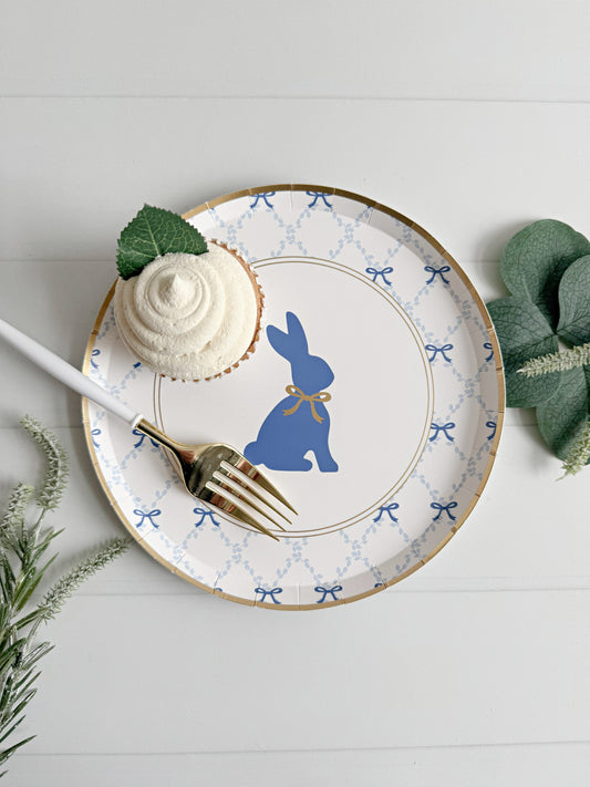 Bunny Party Plates: Blue and Gold Dessert Plates | EnFete Party