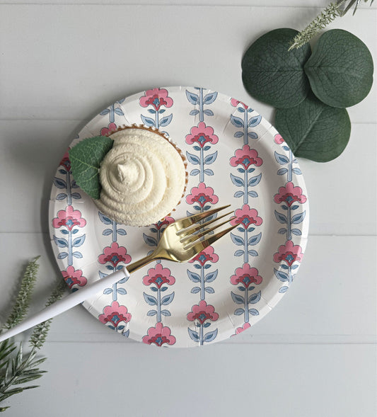 Mauve and Blue Floral-patterned plate with a dessert and fork on a white surface