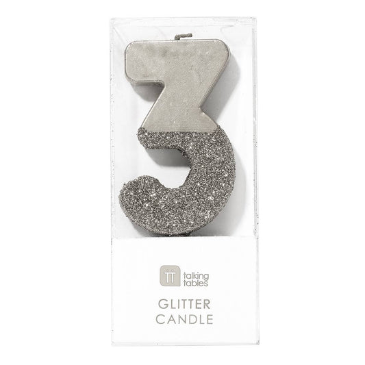Number 3 Birthday Candle - Silver Glitter | Cake Topper | EnFete Party