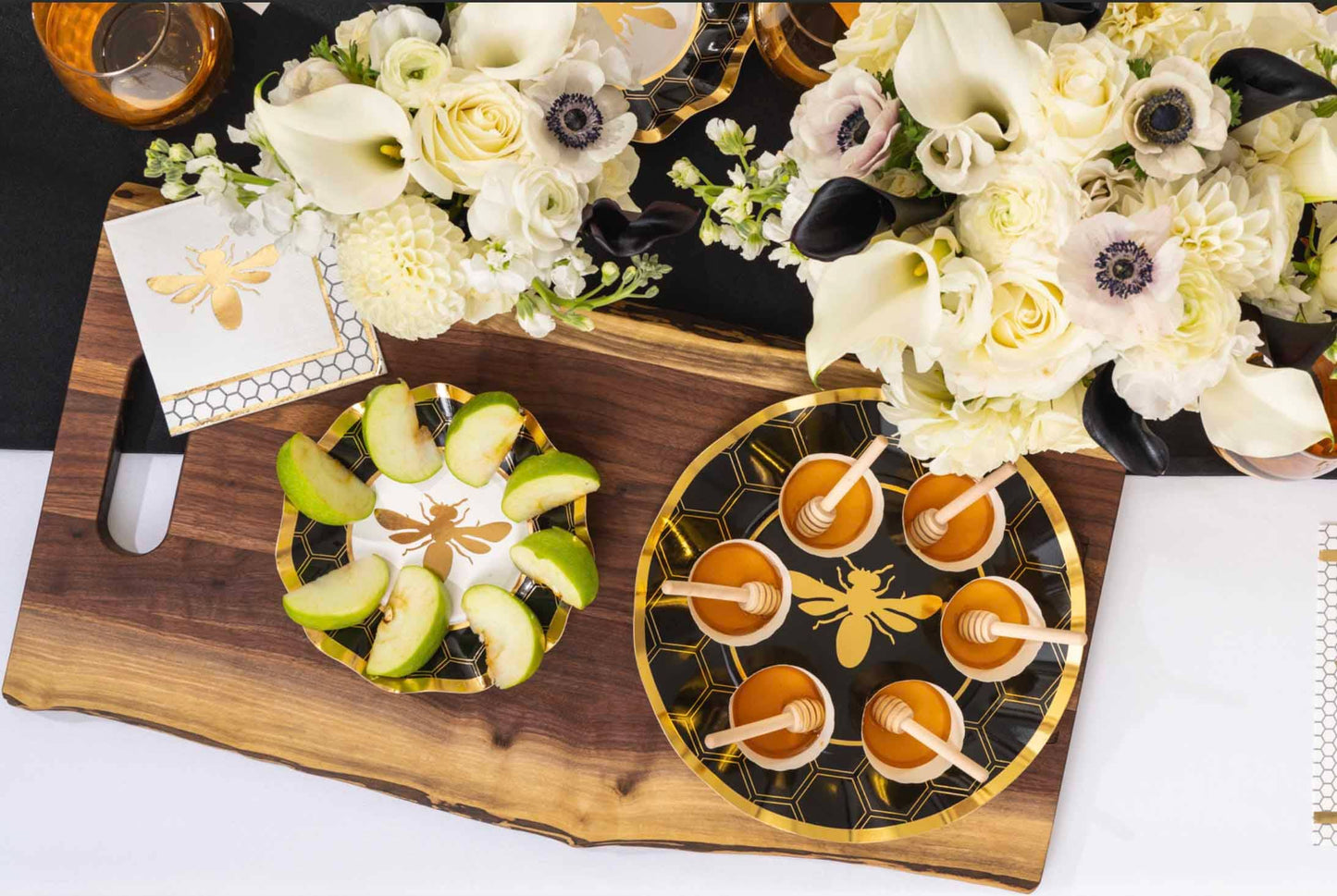 Gold Bee Dinner Plates Black Honeycomb 10 Inch - Baby Shower Birthday Party Plates Set of 8 | EnFete Party