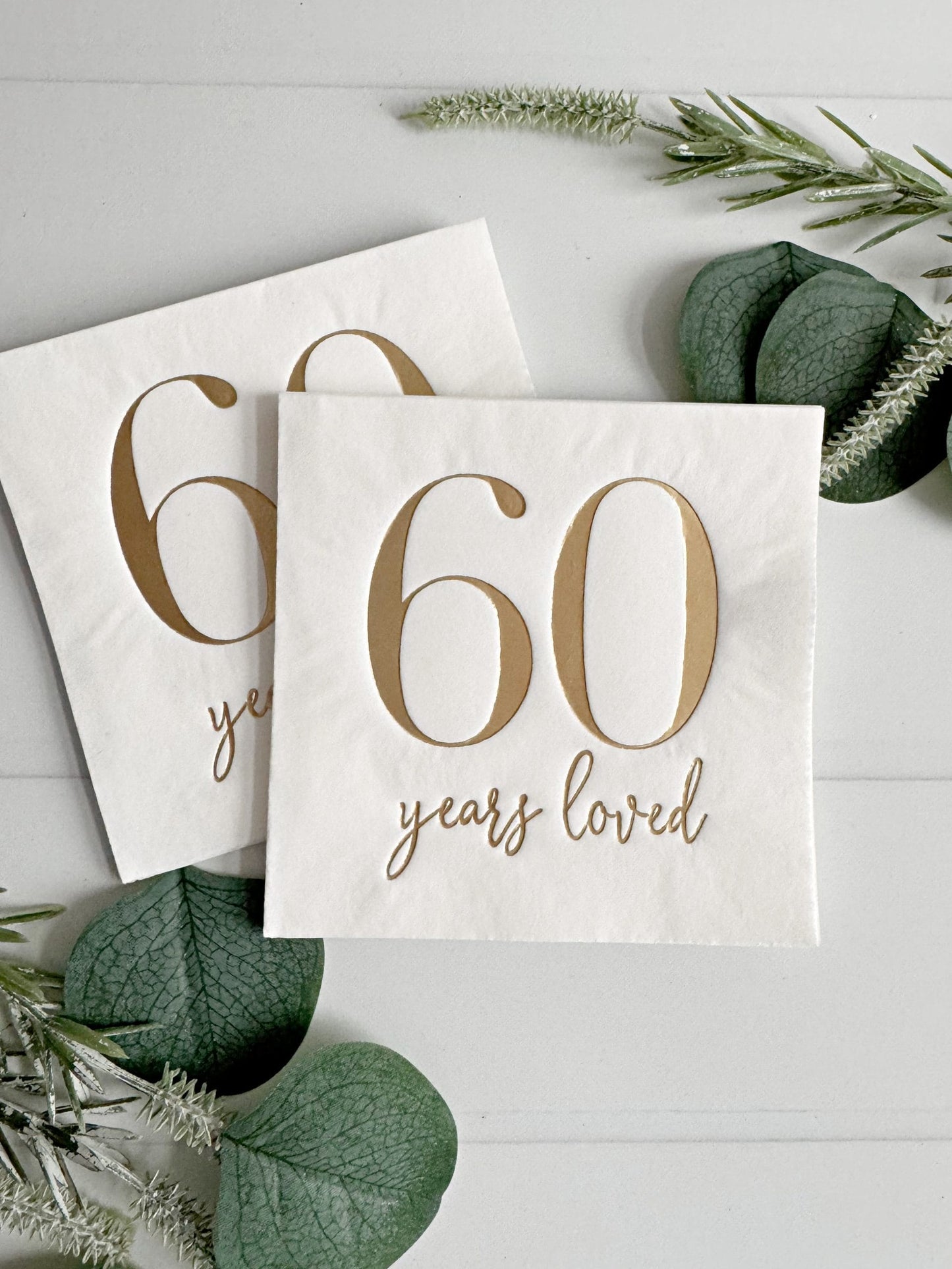 60 Years Loved Cocktail Napkins - Gold Foil on White | 60th Birthday Party | EnFete Party