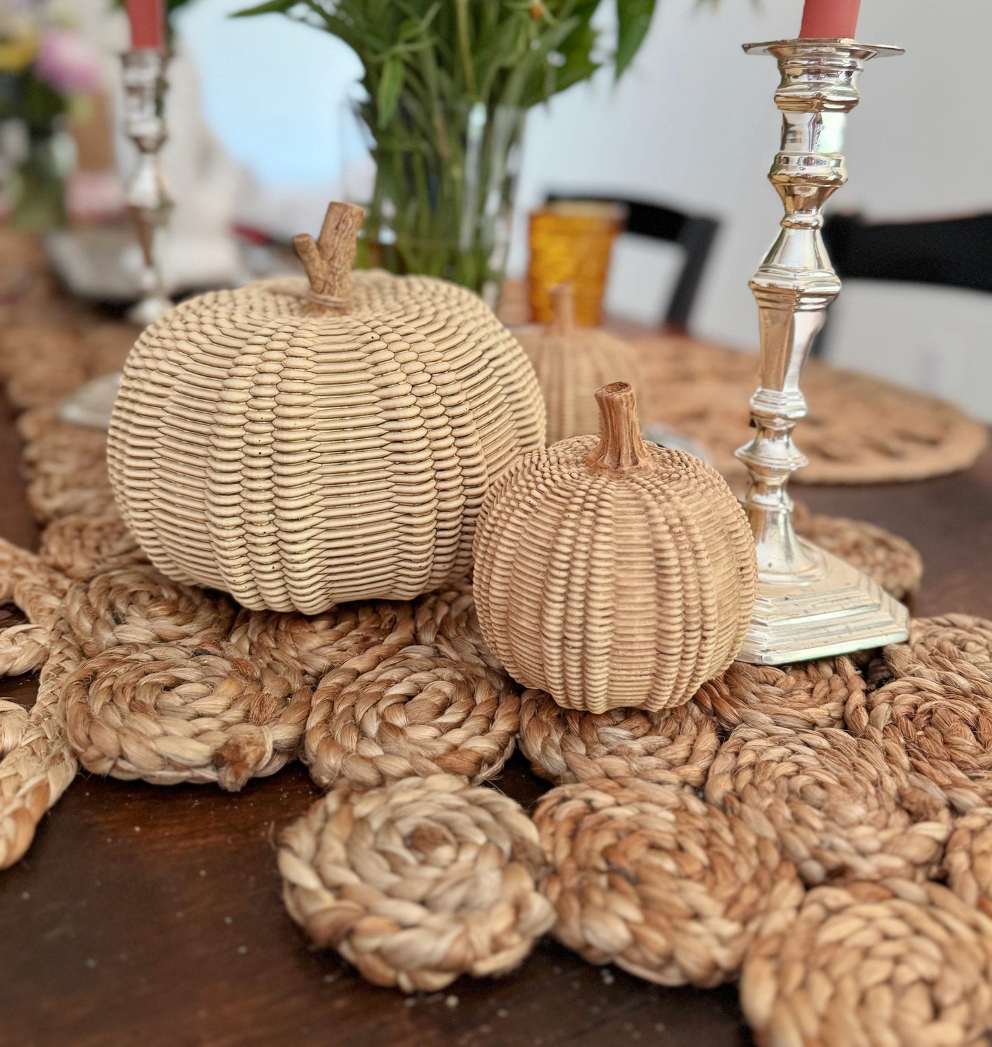 Large Resin Wicker Pumpkin | Fall Table Decor & Thanksgiving Centerpiece | EnFete Party