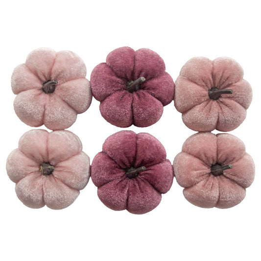 Set of six pink and purple textured velvet pumpkins on a white background