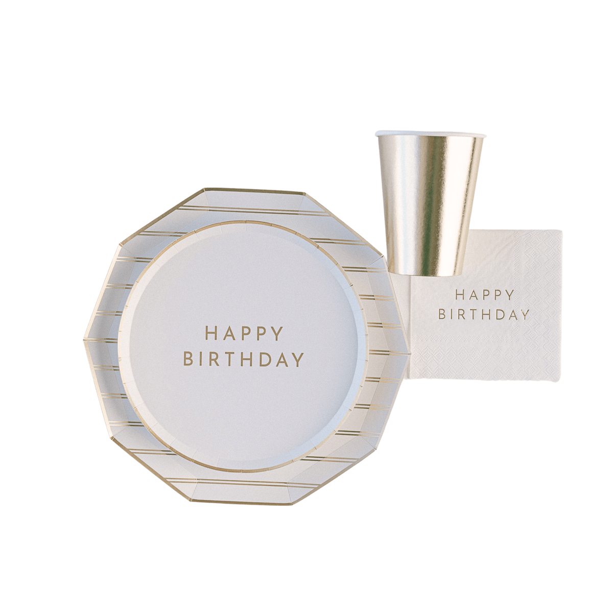 Decorative plate with 'Happy Birthday' text and a matching card on a white background