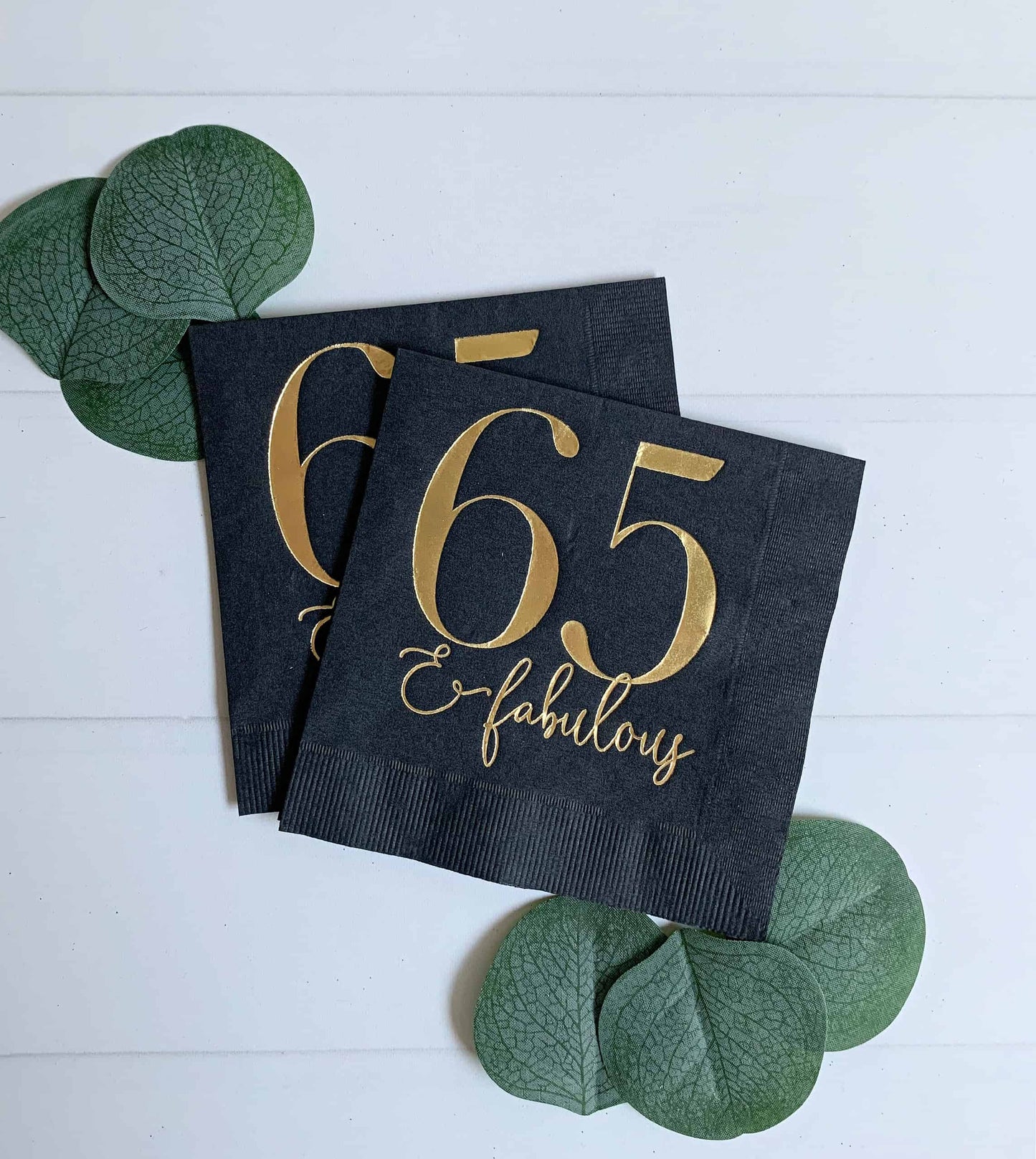 65 & Fabulous Gold on Black Cocktail Napkins -