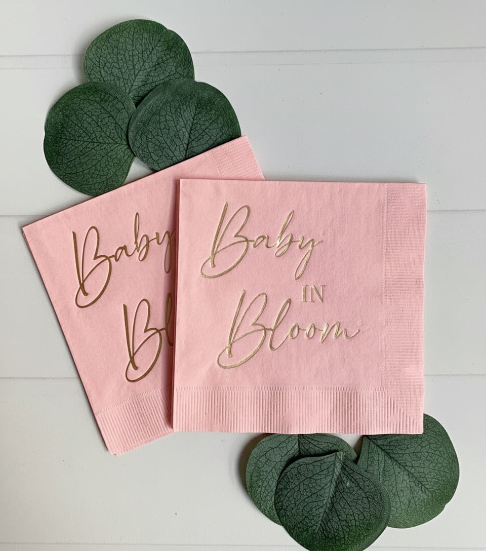 Baby in Bloom Cocktail Napkins Pink & Gold Foil -Summer Baby Shower - Set of 16 | EnFete Party