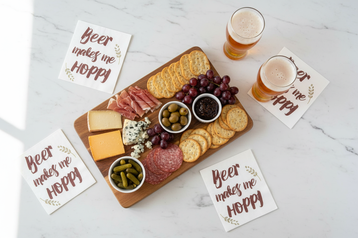 Beer tasting flatlay with charcuterie