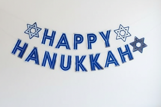 Bright party boutique photo of Happy Hanukkah banner - both strands