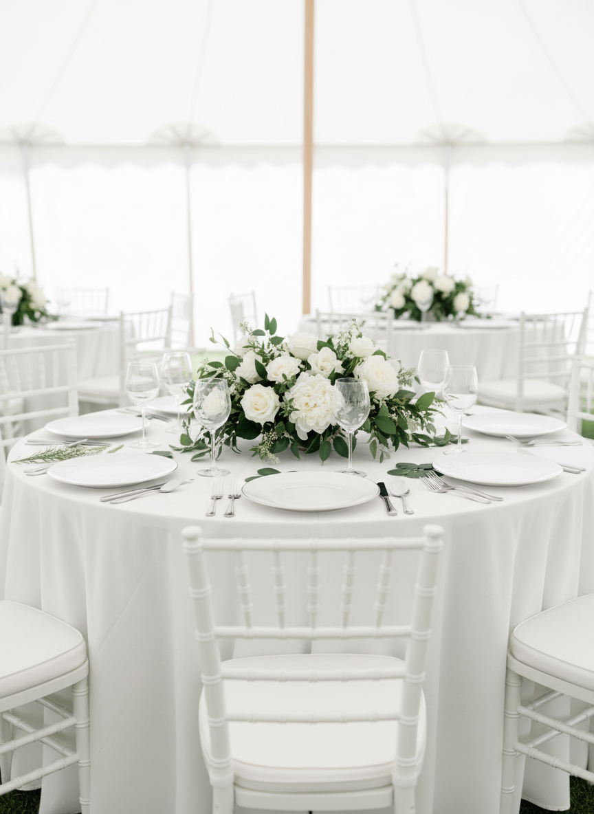 Bright white tent wedding