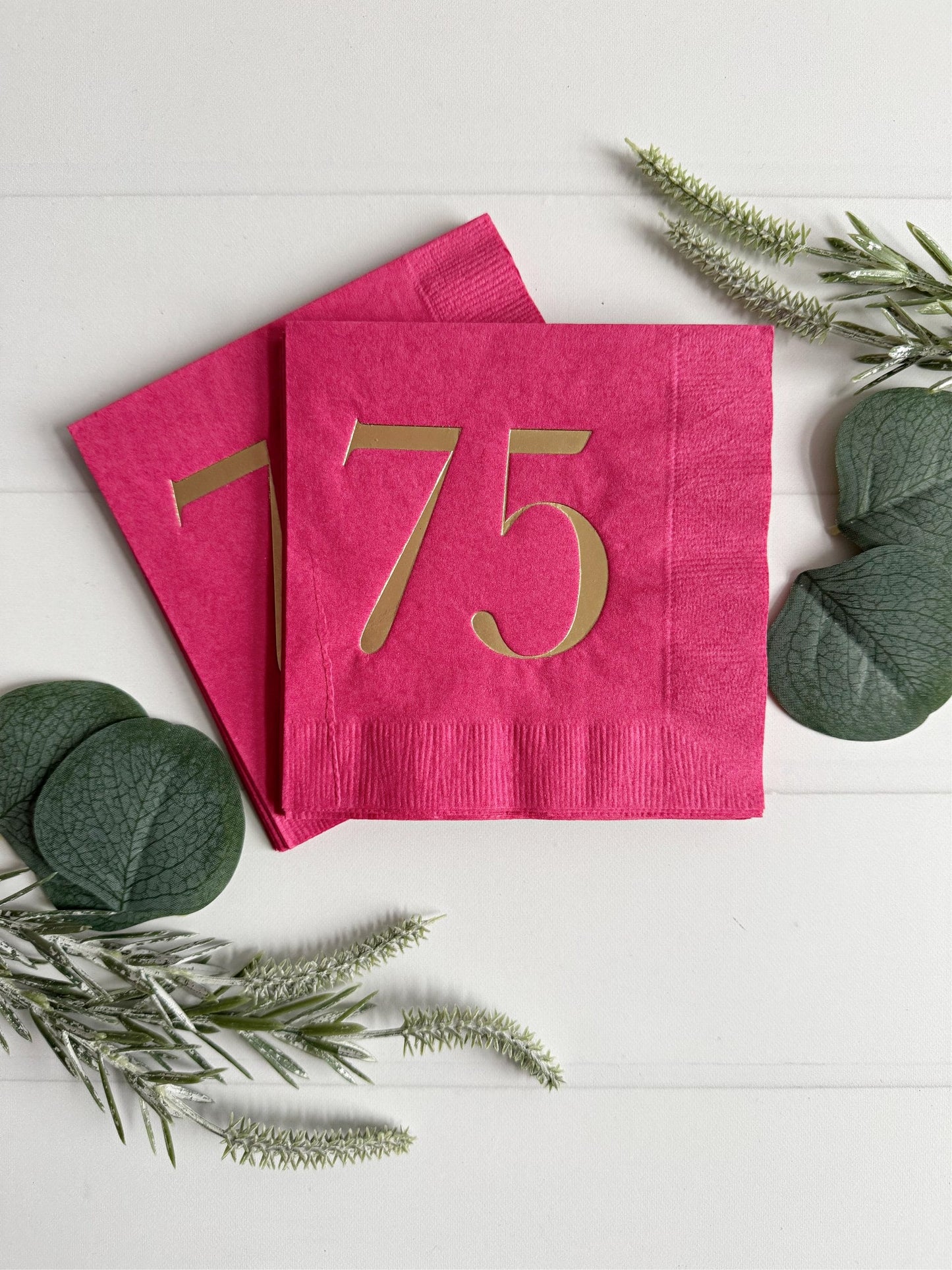 75th Birthday Napkins Hot Pink Gold Foil - Seventy-Five Birthday Cocktail Napkins Set of 16 | EnFete Party
