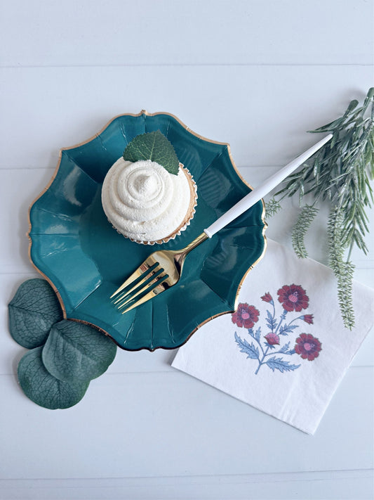 Teal Scalloped Dessert Plates 8 Inch - Fresh Off the Market Baby in Bloom Baby Shower Set of 8 | EnFete Party