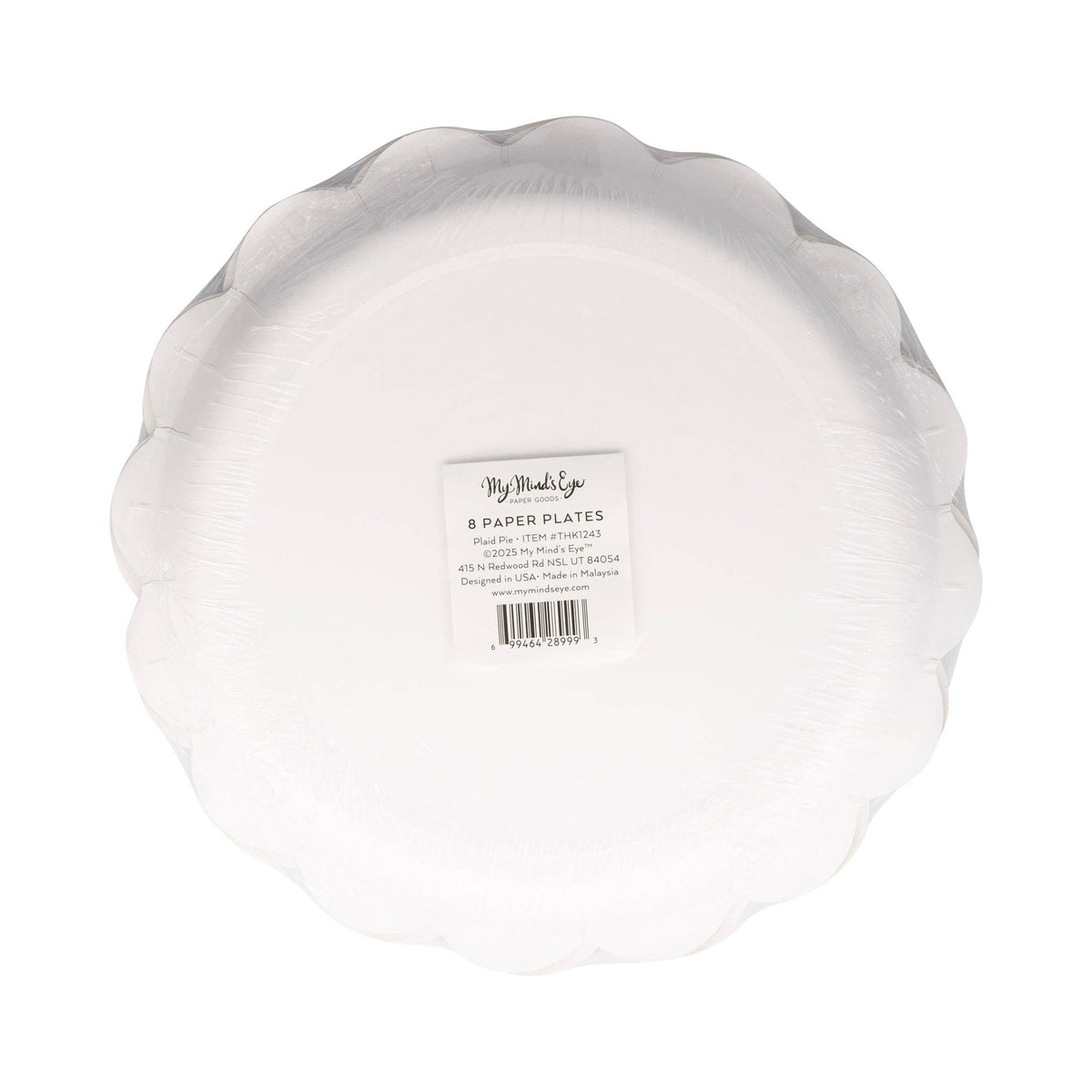 White paper plates with a visible brand label on a white background