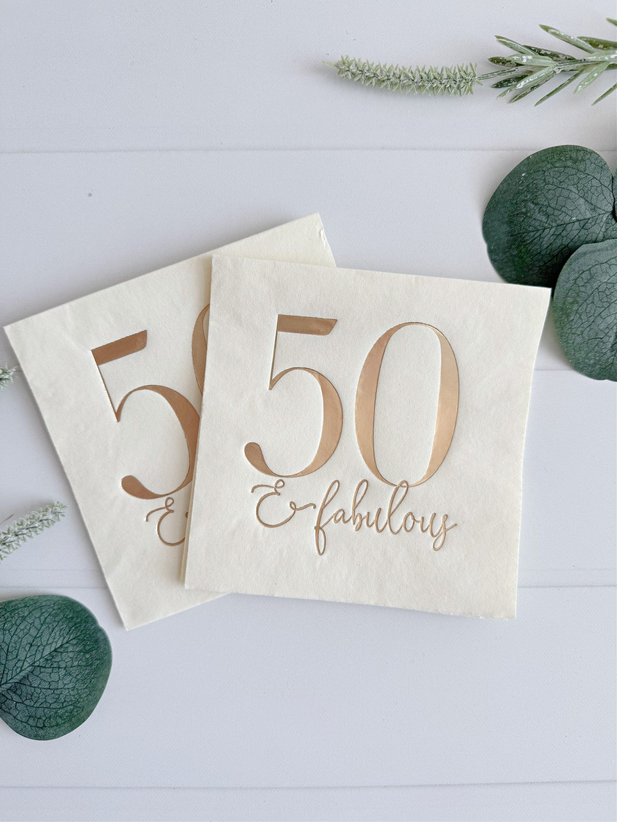 50 & Fabulous Ivory and Gold 50th Birthday Cocktail Napkins | EnFete Party