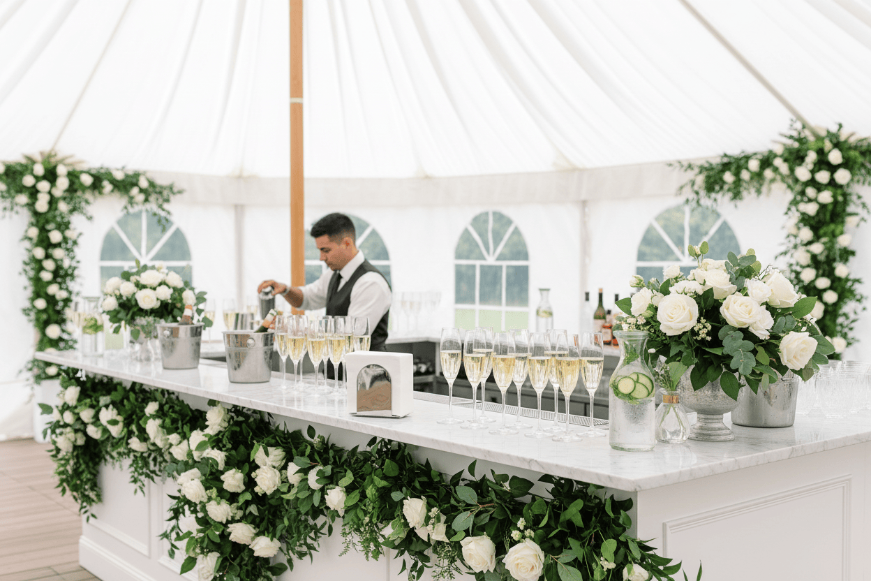 Cocktail bar setup under green and white wedding tent