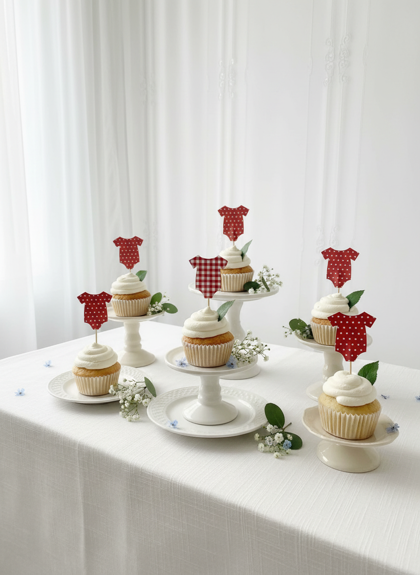 Cupcake table display with red gingham onesie toppers