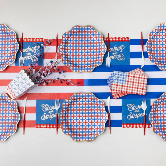 Red & Blue Gingham Star Dinner Plates | 4th of July Party Plates