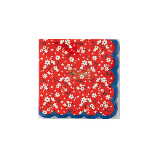 Red Floral Scalloped Cocktail Napkins – Vintage Summer Party Napkins