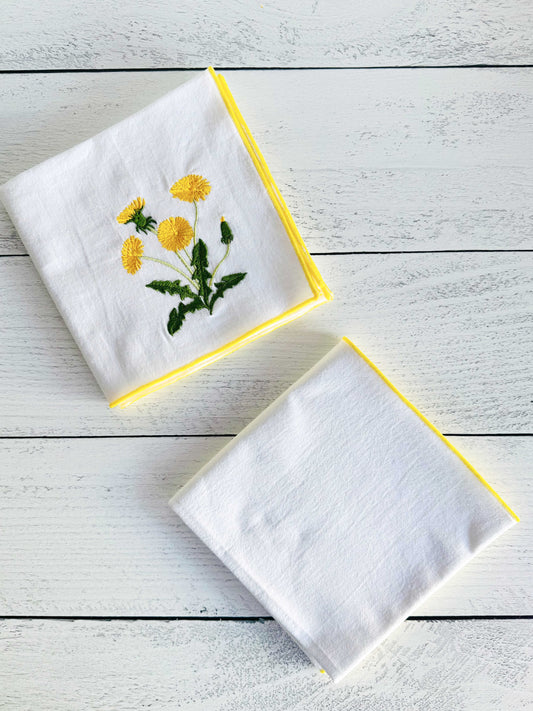 Dandelion Flour Sack Towels Set of 2 - Embroidered Kitchen Towels 100% Cotton