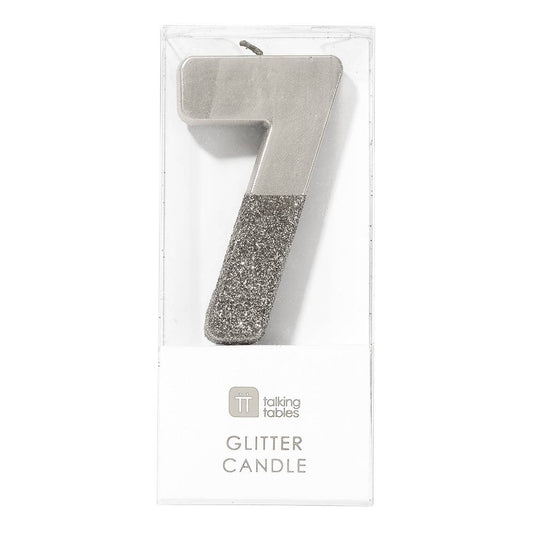 Number 7 Birthday Candle - Silver Glitter | 5 Inch Cake Topper | EnFete Party